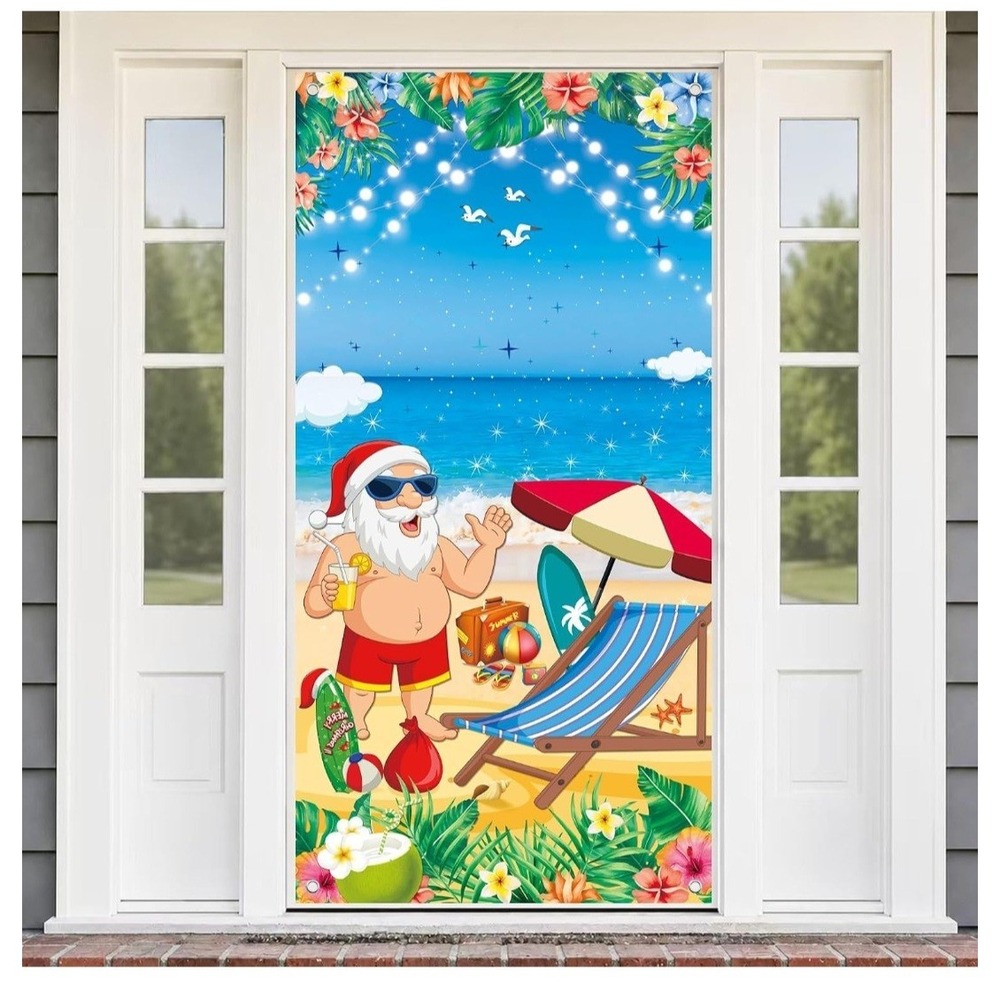 Christmas July Door Cover Tropical Summer Beach Hawaiian Themed Party Decorat...